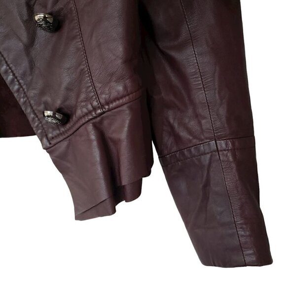 Eva Ouxiu Burgundy Lambskin Leather Crop Slim Fit Ruffled Moto Jacket - Picture 7 of 13